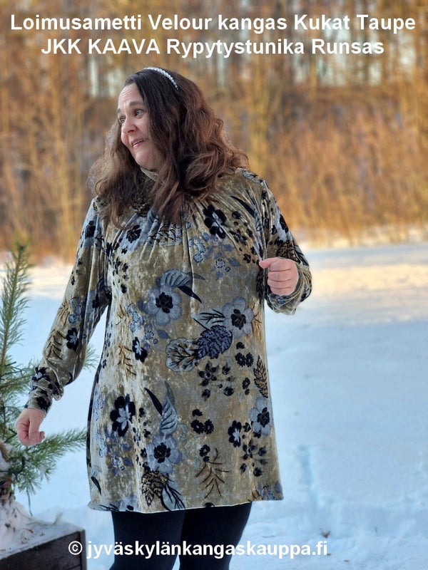Loimusametti Velour kangas Kukat Taupe sek&auml; JKK KAAVA Rypytystunika Runsas
