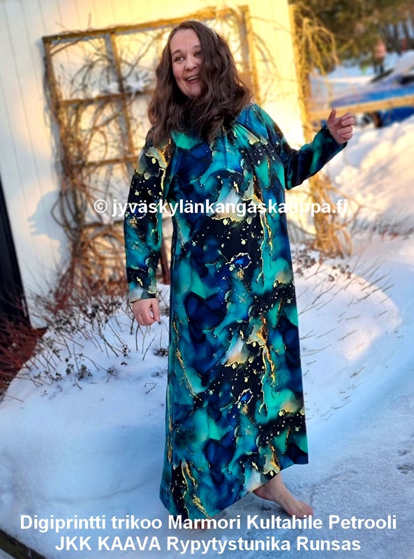 Digiprintti trikoo Marmori Kultahile Petrooli sek&auml; JKK KAAVA Rypytystunika Runsas