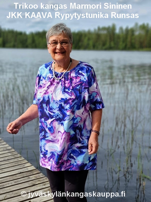 Trikoo kangas Marmori Sininen sek&auml; JKK KAAVA Rypytystunika Runsas