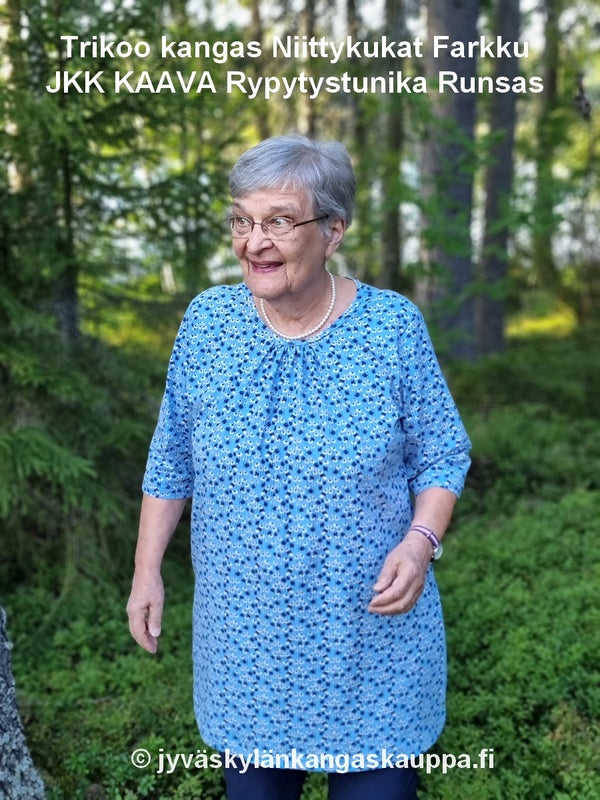 Trikoo kangas Niittykukat Farkku sek&auml; JKK KAAVA Rypytystunika Runsas