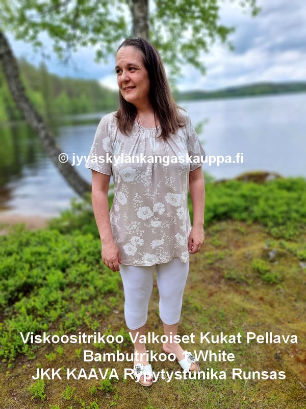 Viskoositrikoo Valkoiset Kukat Pellava ja Bambutrikoo 1 White sek&auml; JKK KAAVA Rypytystunika Runsas