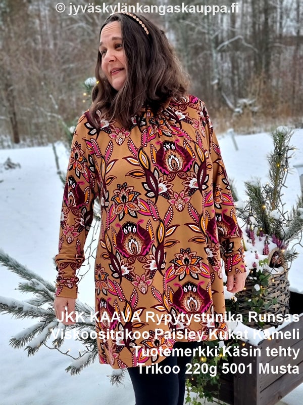 JKK KAAVA Rypytystunika Runsas sek&auml; Viskoositrikoo Paisley Kukat Kameli ja Tuotemerkki K&auml;sin tehty ja legginsit Trikoo 220g 5001 Musta