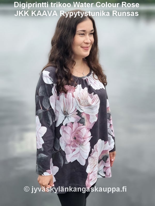 Digiprintti trikoo Water Colour Rose sek&auml; JKK KAAVA Rypytystunika Runsas