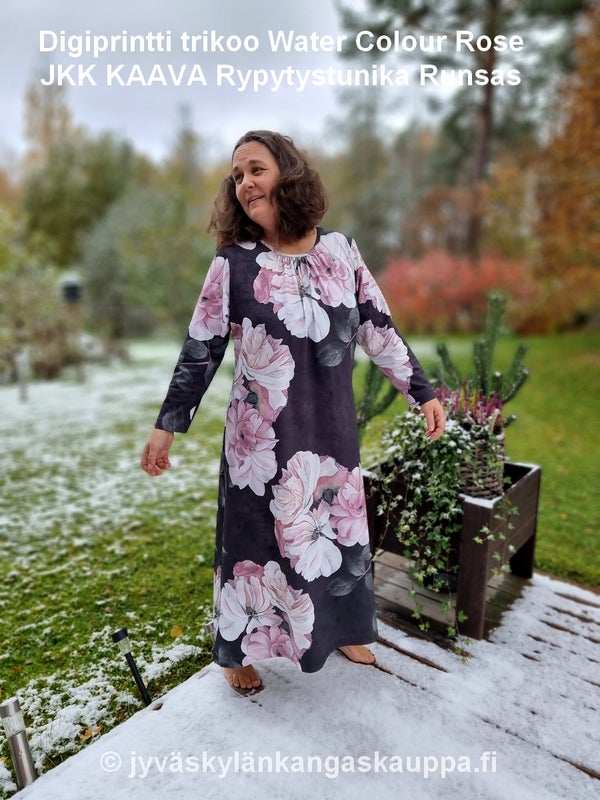 Digiprintti trikoo Water Colour Rose sek&auml; JKK KAAVA Rypytystunika Runsas