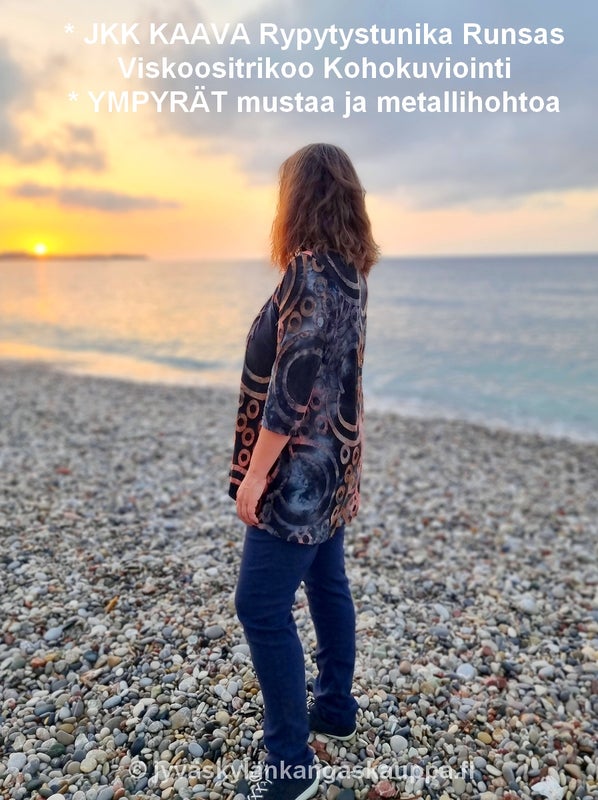 JKK KAAVA Rypytystunika Runsas sek&auml; Viskoositrikoo Kohokuviointi YMPYR&Auml;T mustaa ja metallihohtoa