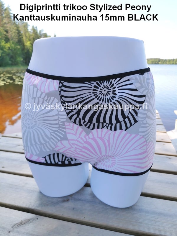 Digiprintti trikoo Stylized Peony ja Kanttauskuminauha 15mm BLACK