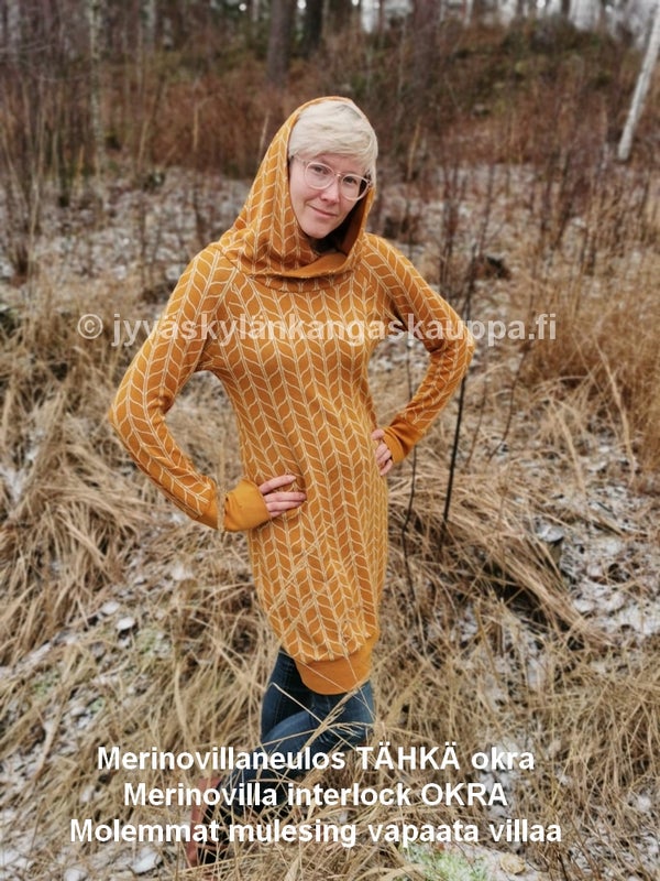 Merinovillaneulos T&Auml;HK&Auml; okra sek&auml; Merinovilla interlock OKRA. Molemmat mulesing vapaata villaa.