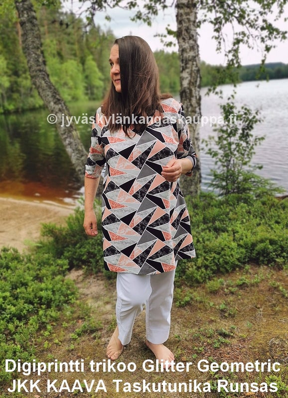 Digiprintti trikoo Glitter Geometric sek&auml; JKK KAAVA Taskutunika Runsas