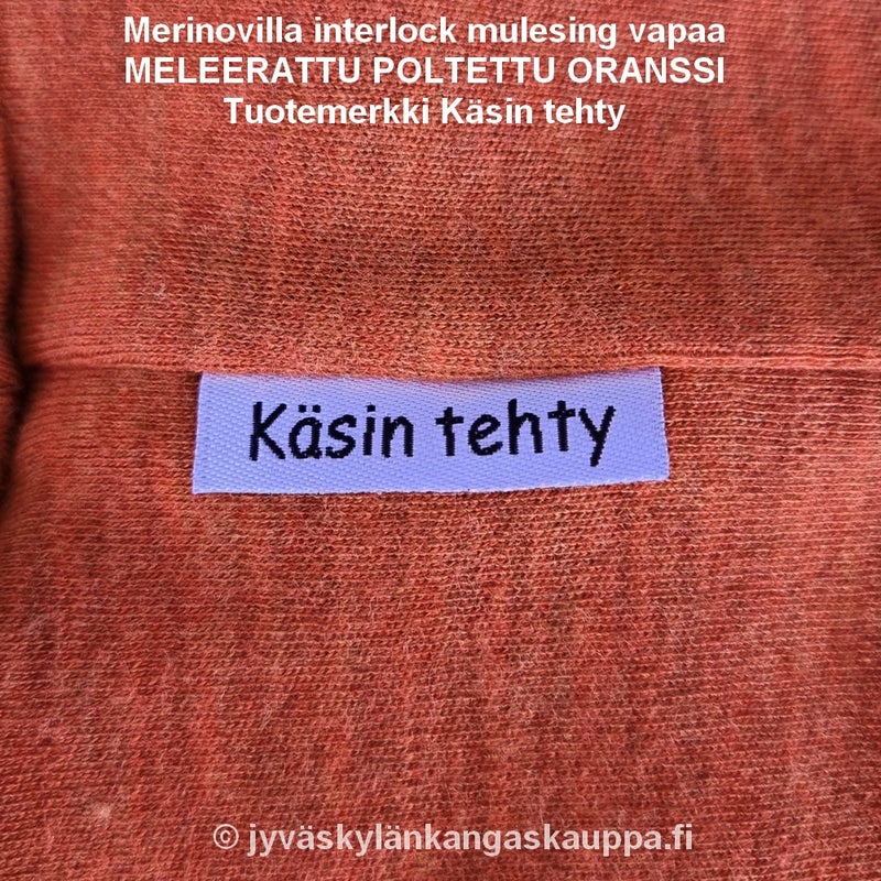 Tuotemerkki K&auml;sin tehty sek&auml; Merinovilla interlock mulesing vapaa MELEERATTU POLTETTU ORANSSI