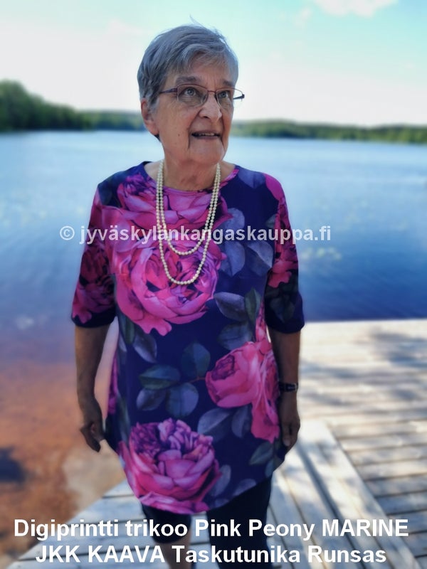 Digiprintti trikoo Pink Peony MARINE sek&auml; JKK KAAVA Taskutunika Runsas