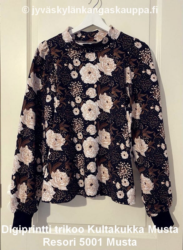 Digiprintti trikoo Kultakukka sek&auml; Musta Resori 5001 Musta