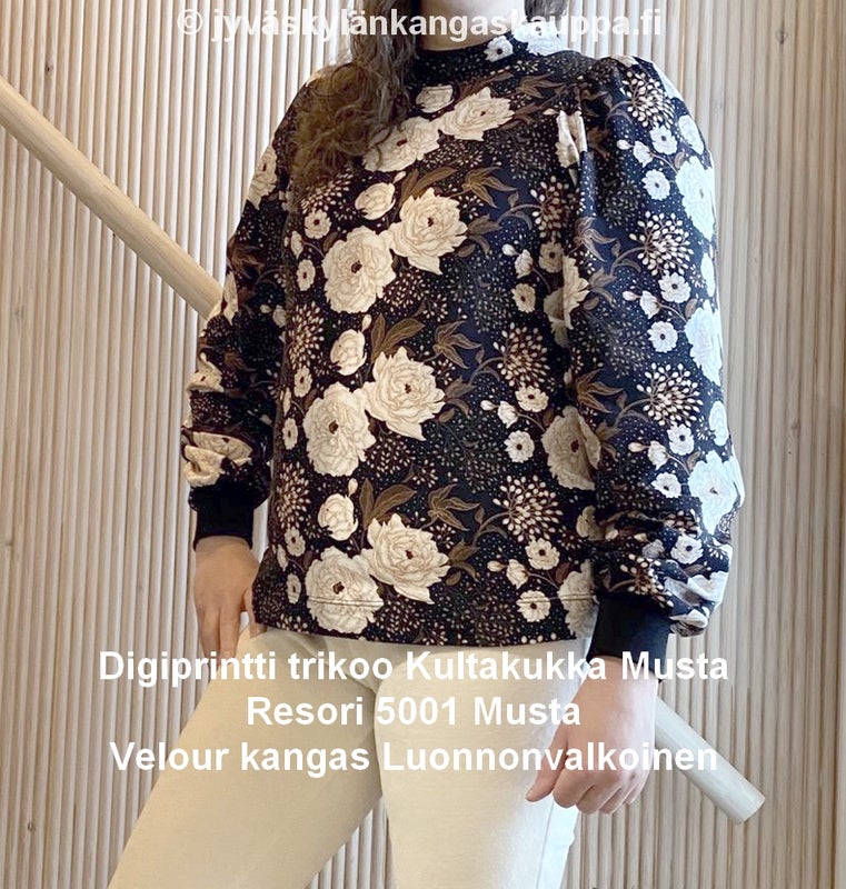 Digiprintti trikoo Kultakukka Musta ja Resori 5001 Musta sek&auml; Velour kangas Luonnonvalkoinen