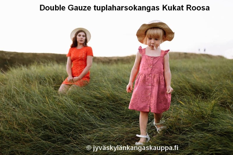 Double Gauze tuplaharsokangas Kukat Roosa