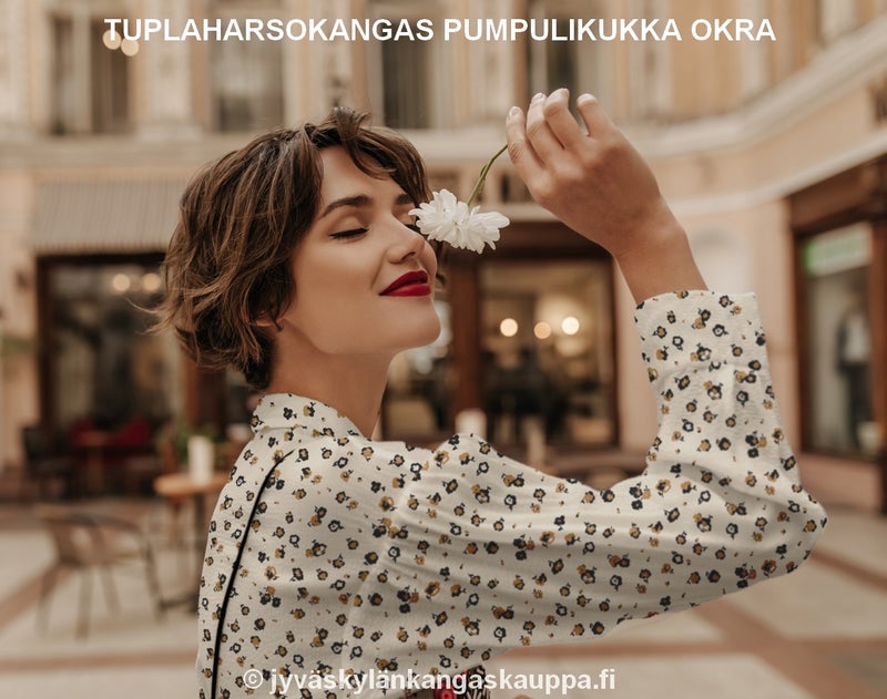 Double Gauze tuplaharsokangas Pumpulikukka Okra (LOPPUUNMYYTY)