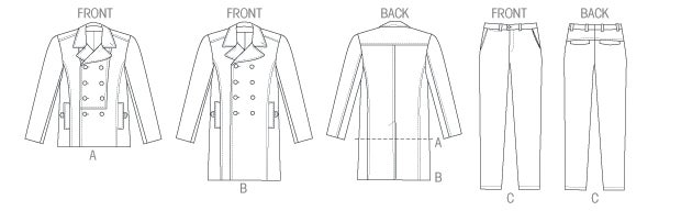 Vogue kaava V8940: miehen ulkotakki ja suorat housut