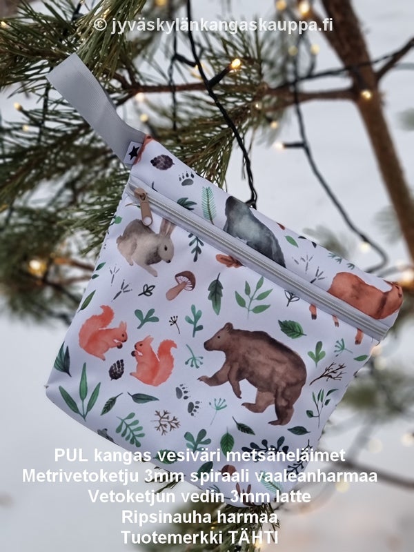 PUL kangas vesiv&auml;ri mets&auml;nel&auml;imet, Metrivetoketju 3mm spiraali vaaleanharmaa, Vetoketjun vedin 3mm latte, Ripsinauha harmaa, Tuotemerkki T&Auml;HTI