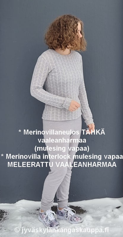 * Merinovillaneulos T&Auml;HK&Auml; vaaleanharmaa (mulesing vapaa) * Merinovilla interlock mulesing vapaa MELEERATTU VAALEANHARMAA