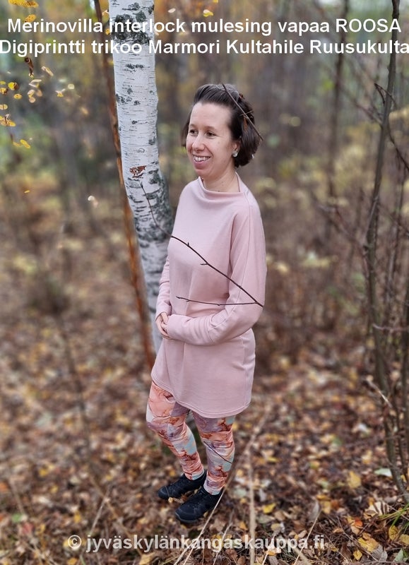 Merinovilla interlock mulesing vapaa ROOSA sek&auml; Digiprintti trikoo Marmori Kultahile Ruusukulta
