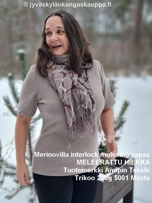 Merinovilla interlock mulesing vapaa MELEERATTU MOKKA ja Tuotemerkki Anopin Tekele sek&auml; legginsit: Trikoo 220g 5001 Musta