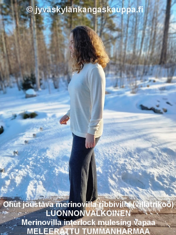 Ohut joustava merinovilla ribbivilla (villatrikoo) LUONNONVALKOINEN sek&auml; Merinovilla interlock mulesing vapaa MELEERATTU TUMMANHARMAA