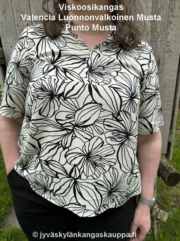 Viskoosikangas Valencia Luonnonvalkoinen Musta sek&auml; Punto Musta