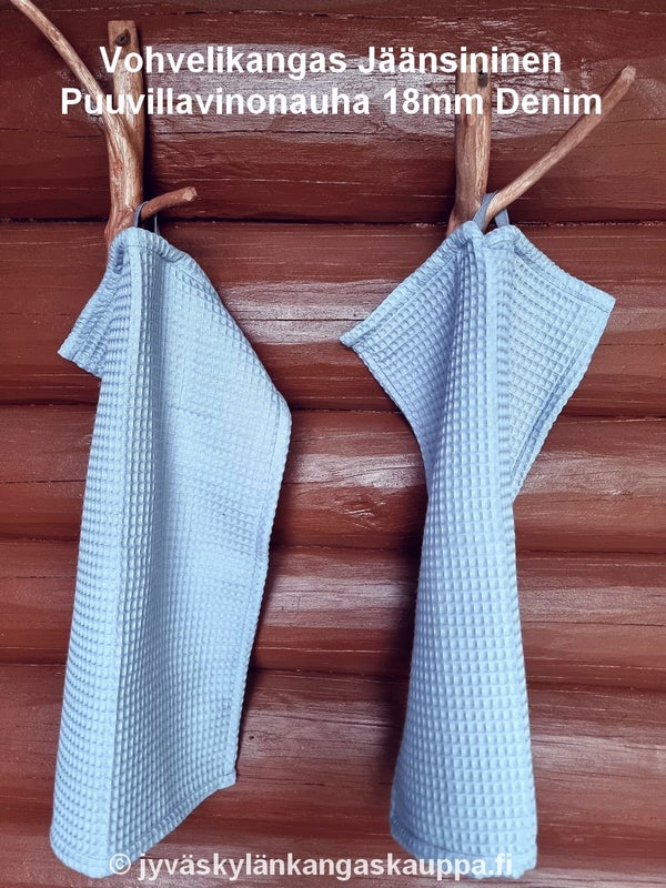 Vohvelikangas J&auml;&auml;nsininen sek&auml; Puuvillavinonauha 18mm Denim