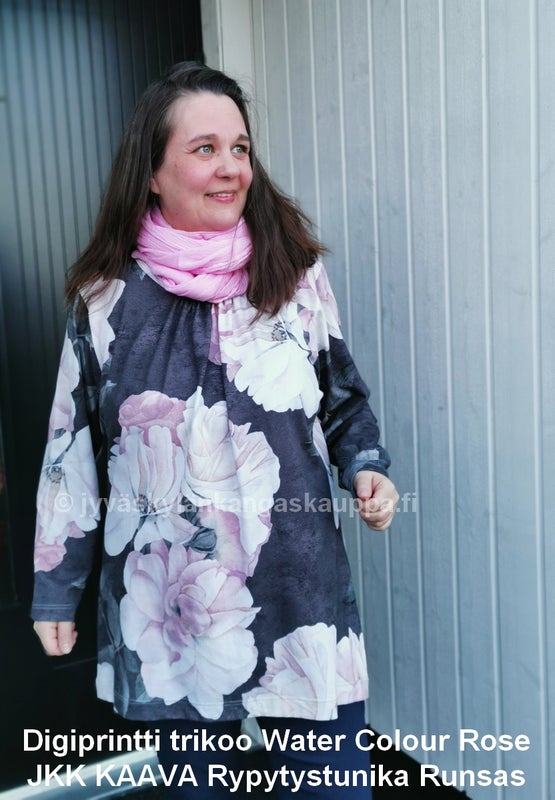 Digiprintti trikoo Water Colour Rose sek&auml; JKK KAAVA Rypytystunika Runsas
