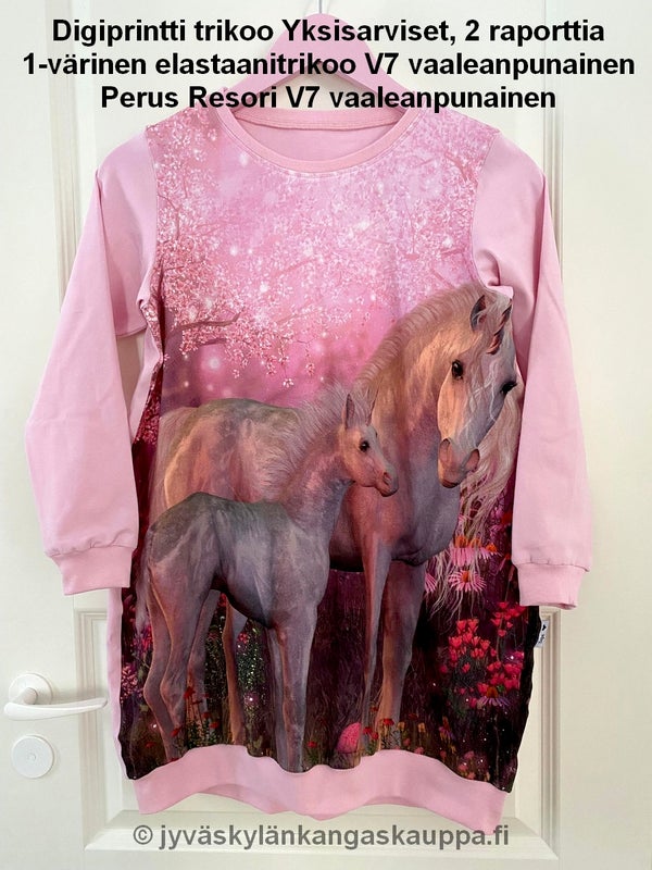 Digiprintti trikoo Yksisarviset, 2 raporttia sek&auml; 1-v&auml;rinen elastaanitrikoo V7 vaaleanpunainen ja Perus Resori V7 vaaleanpunainen